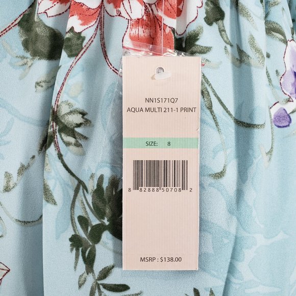 Nanette Lepore Aqua Floral LS Tie Neck Aqua Tiered Dress, 8 - Picture 11 of 12